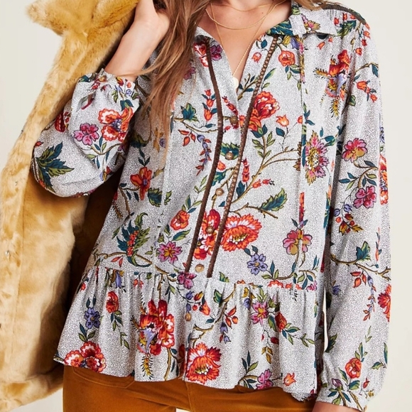 Anthropologie Maeve Janie Multicolored Flounced Floral Polka Dot Top Size 4 - Picture 1 of 10